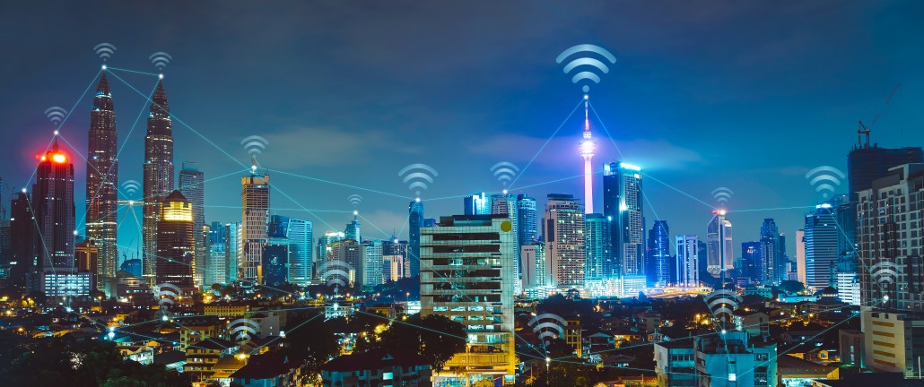 Colorful cityscape with wifi connection.