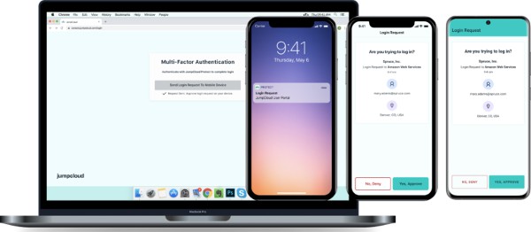 JumpCloud Protect End User experience showing laptop and smartphone notifications