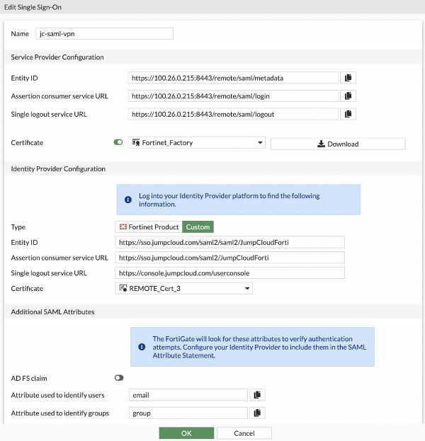 Verify settings in edit single sign-on