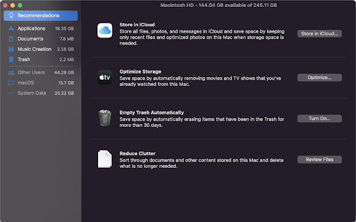 screenshot of mac storage recommendations pop up