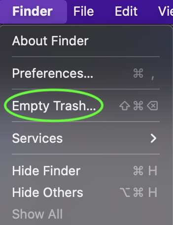 screenshot of finder dropdown menu
