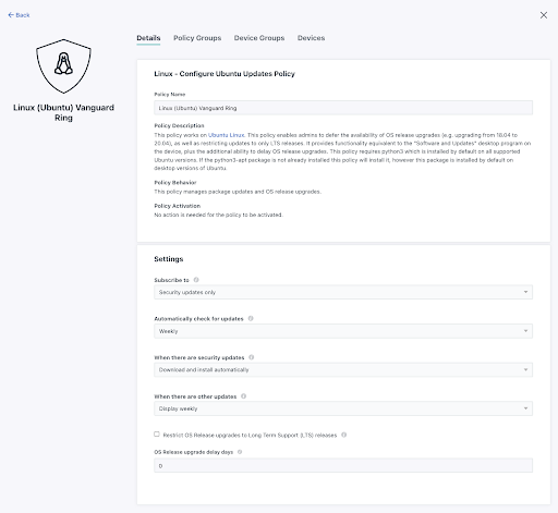 screenshot of Linux update policy configurations