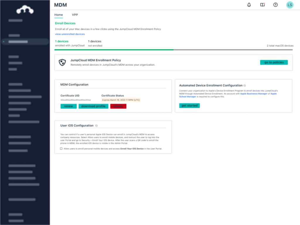 JumpCloud portal zero-touch enrollment screen