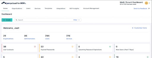 dashboard of the multi-tenant portal