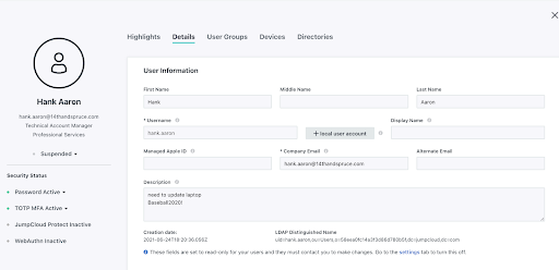 screenshot of user details