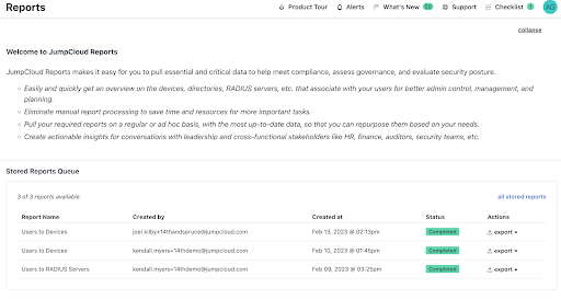 screenshot of reports page