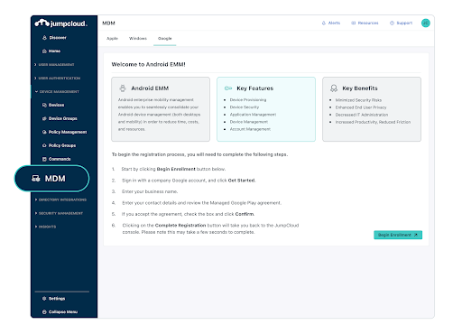 An overview of Android EMM in the JumpCloud Admin Console.