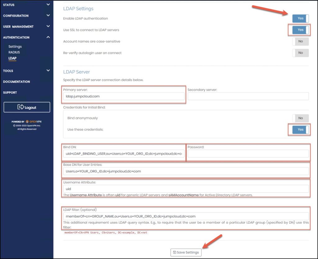 OpenVPN LDAP server configuration settings.