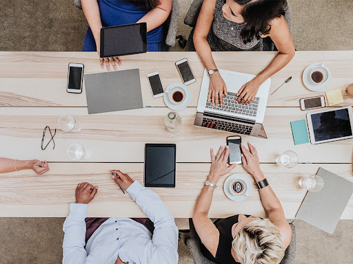 overhead shot of a team working together