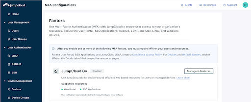 MFA configurations screen