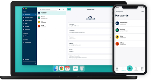 computer and phone graphic with password manager on the screens
