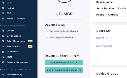 JumpCloud remote assistance screen
