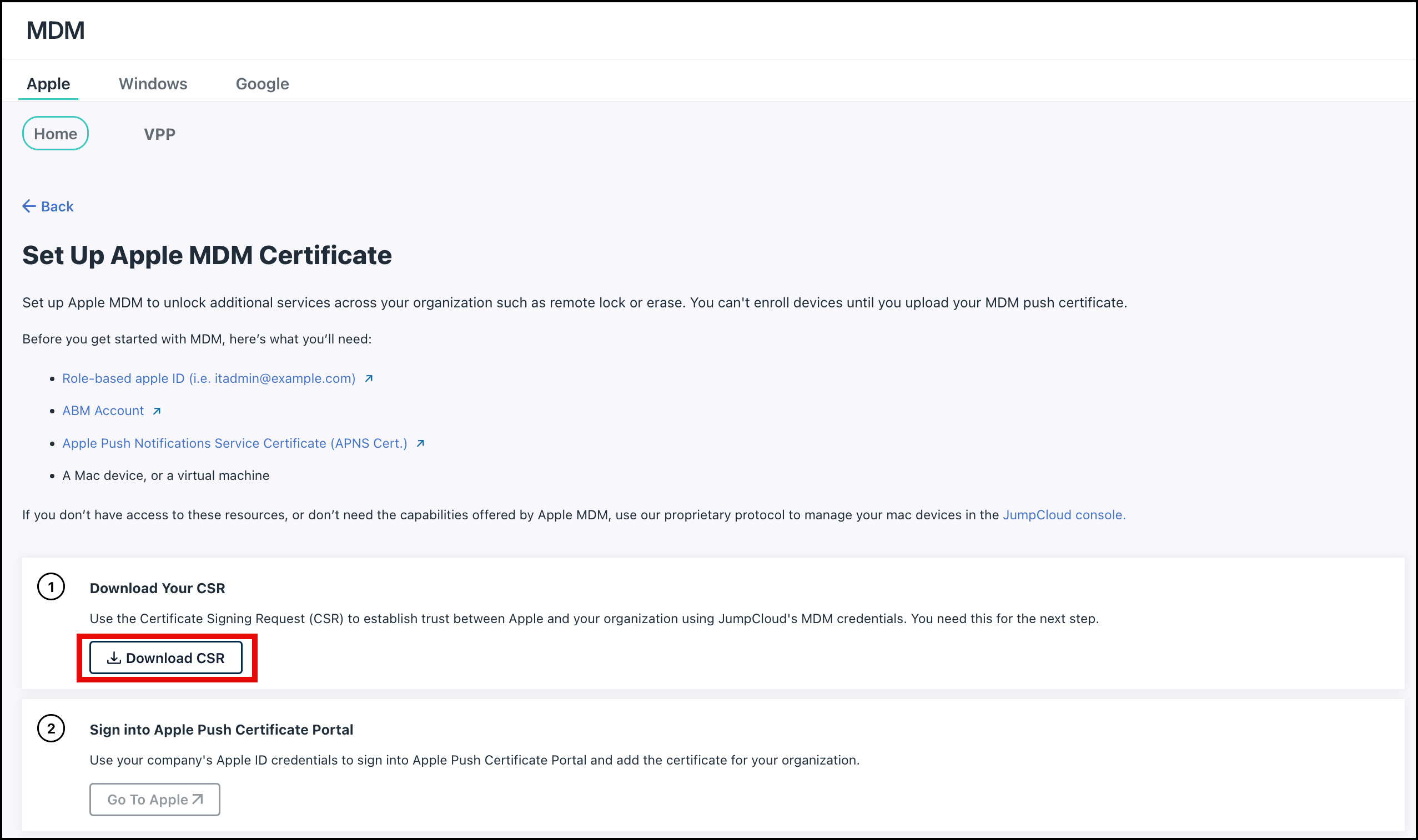 This image displays the JumpCloud Apple MDM Set up screen with the Download CSR button highlighted
