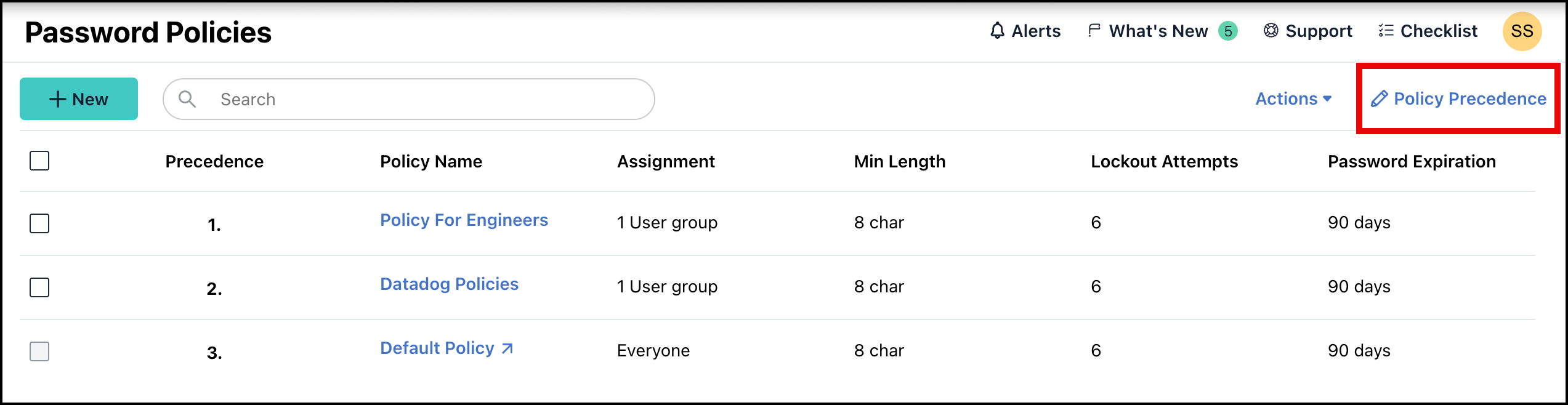 Password Policy window with Policy Precedence button highlighted.