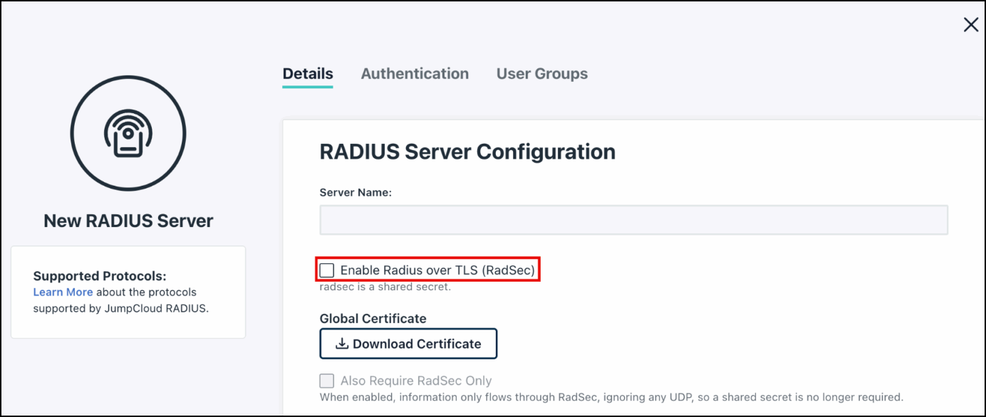RADIUS Server Configuration panel highlighting the Enable Radius over TLS (RadSec) checkbox.