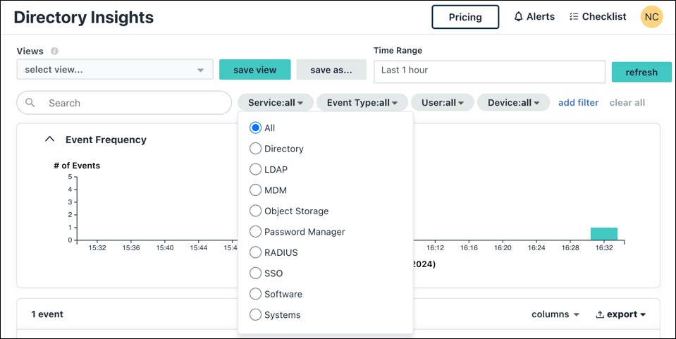 Directory Insights Services list in the JumpCloud Admin Portal.