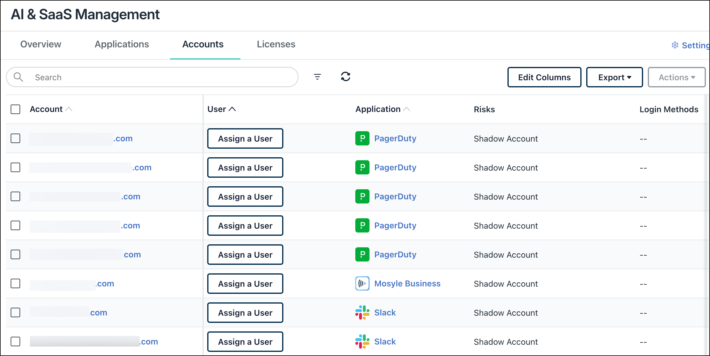 JumpCloud AI &amp; SaaS Management Accounts tab showing a list of shadow accounts for applications like PagerDuty, Mosyle Business, and Slack, all requiring a JumpCloud user to be assigned.