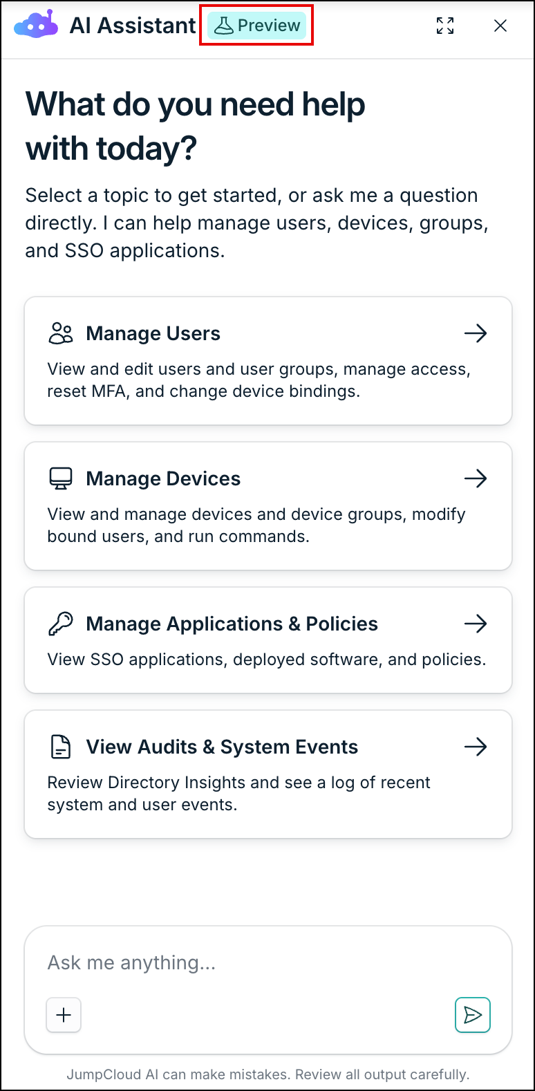 JumpCloud AI Assistant interface showing a "Preview" tag in the header next to the assistant name.