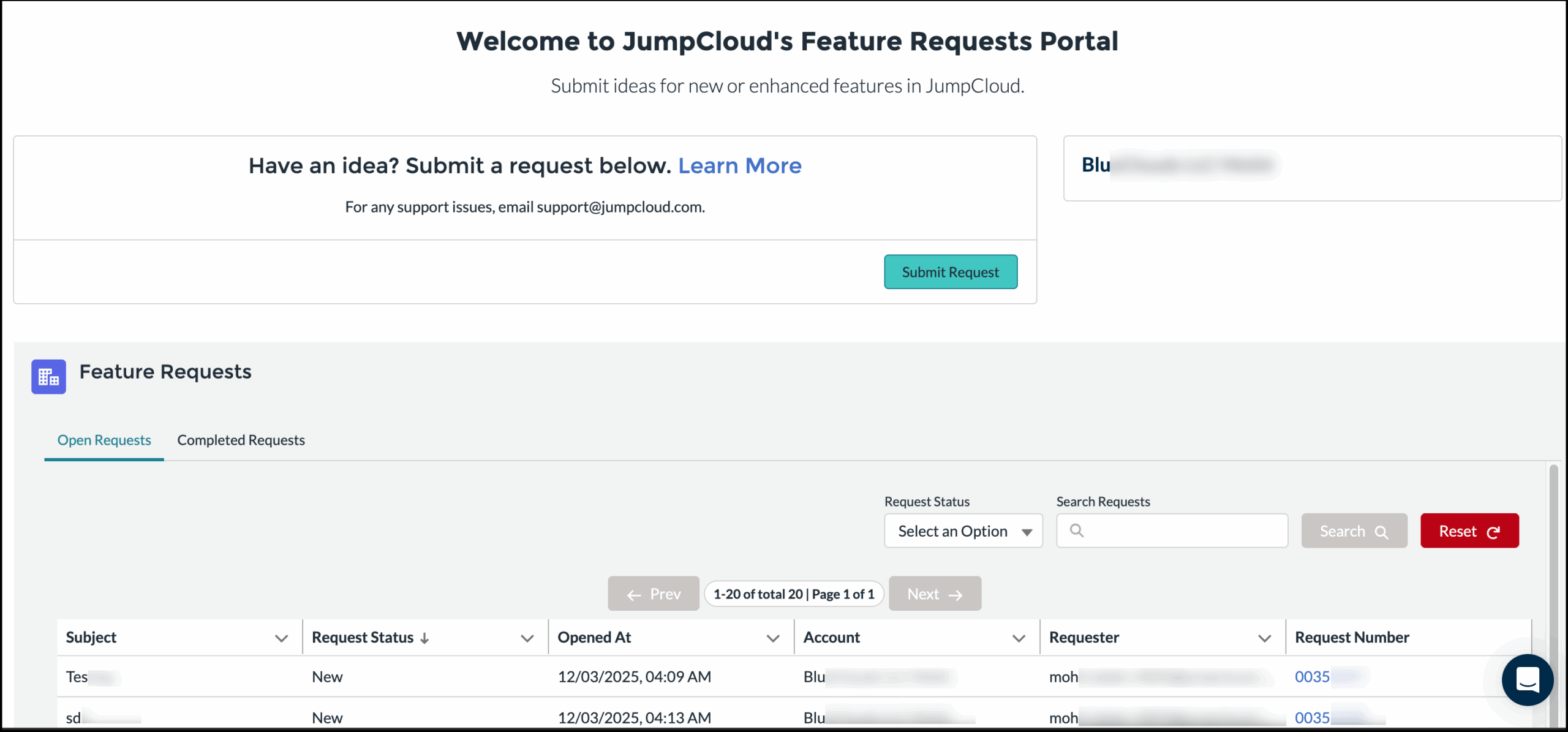 The Feature Requests Portal showing a list of open requests and a "Submit Request" button.
