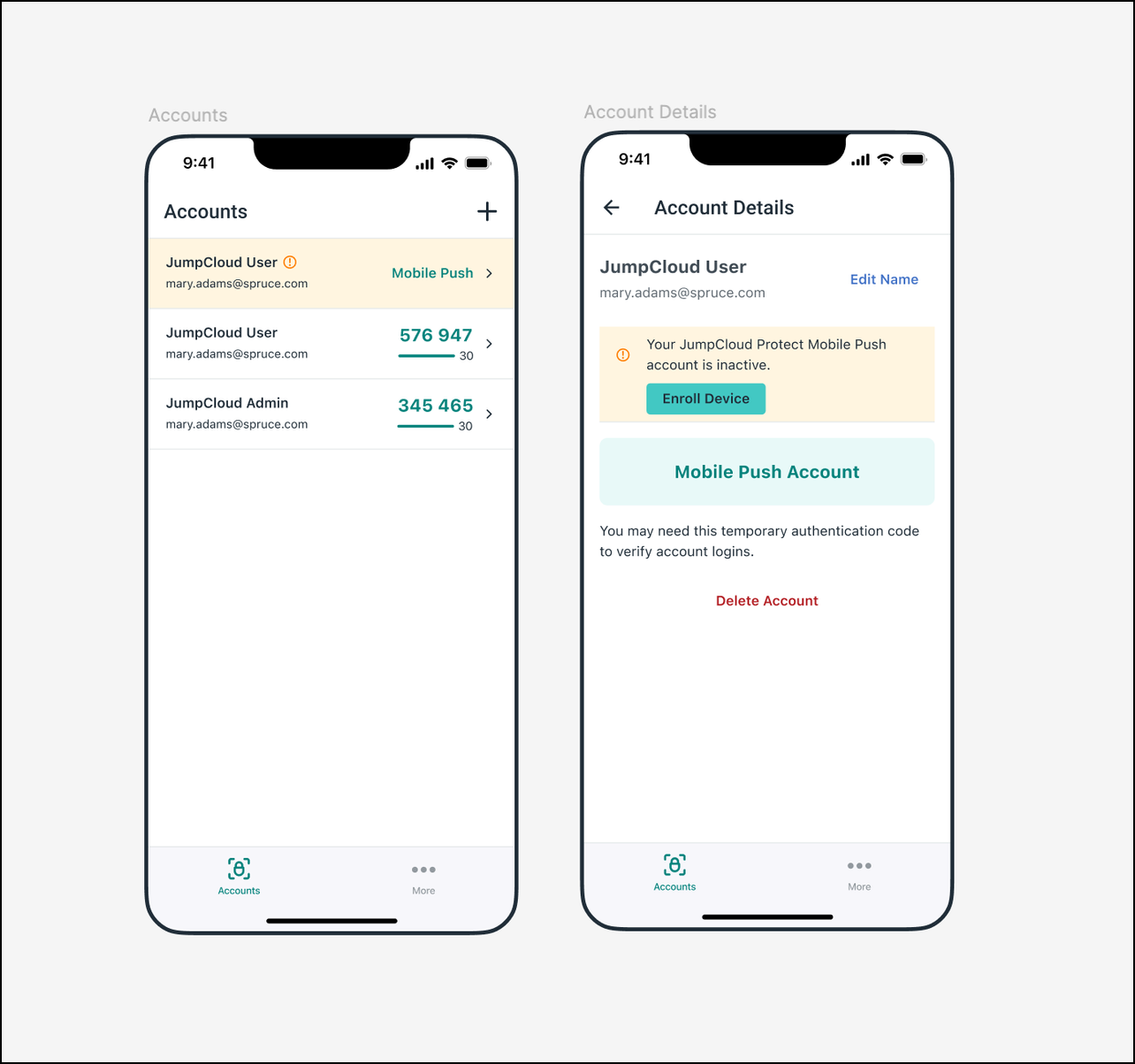 Two screens showing JC protect mobile app UI