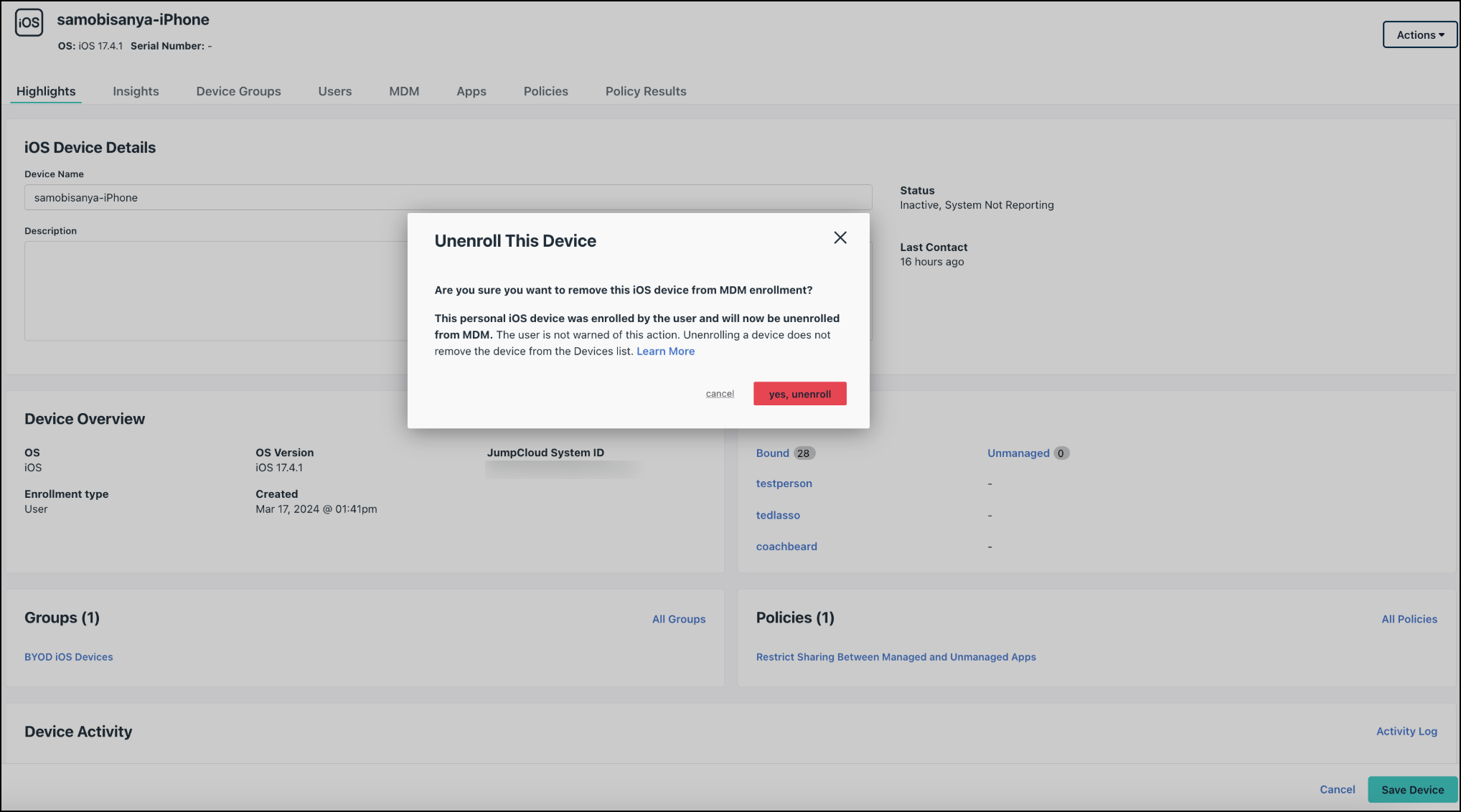 A confirmation dialog box in the JumpCloud Admin Portal titled "Unenroll This Device" for an iOS device, with the "yes, unenroll" button highlighted.