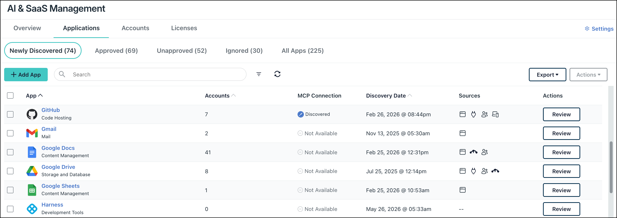 JumpCloud AI &amp; SaaS Management Applications tab showing the MCP Connection column with Discovered and Not Available statuses.