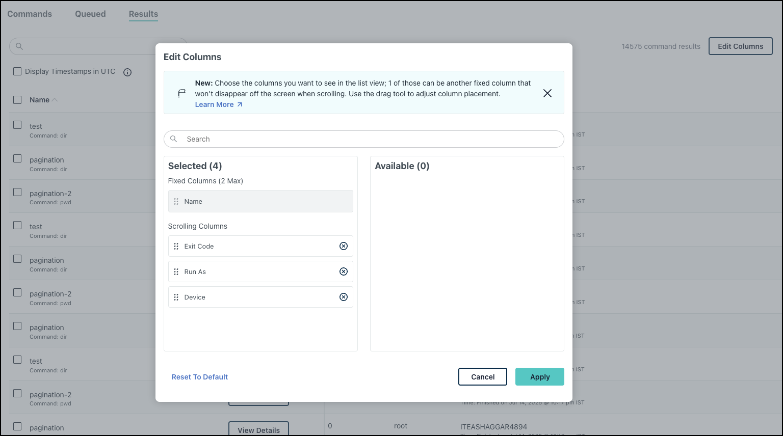 This image displays the Select Columns modal in the Command Results page.