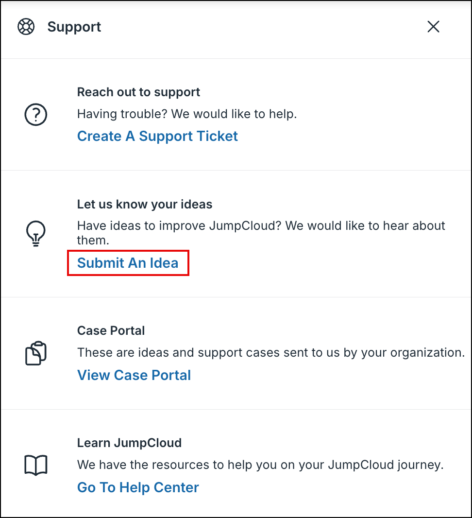 Support menu showing the Submit An Idea option.