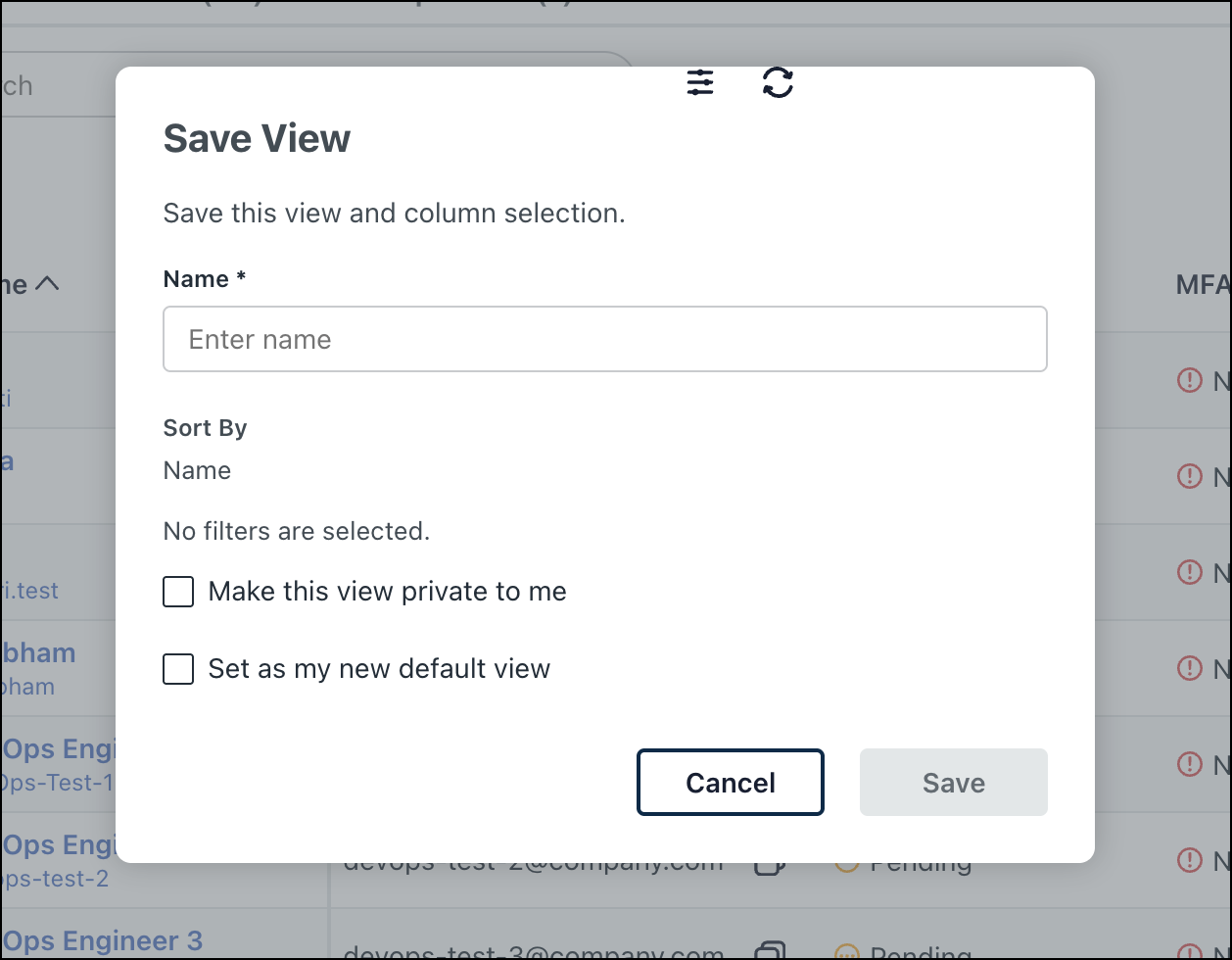 A screenshot showing the Save View dialog box for Users in Admin Portal