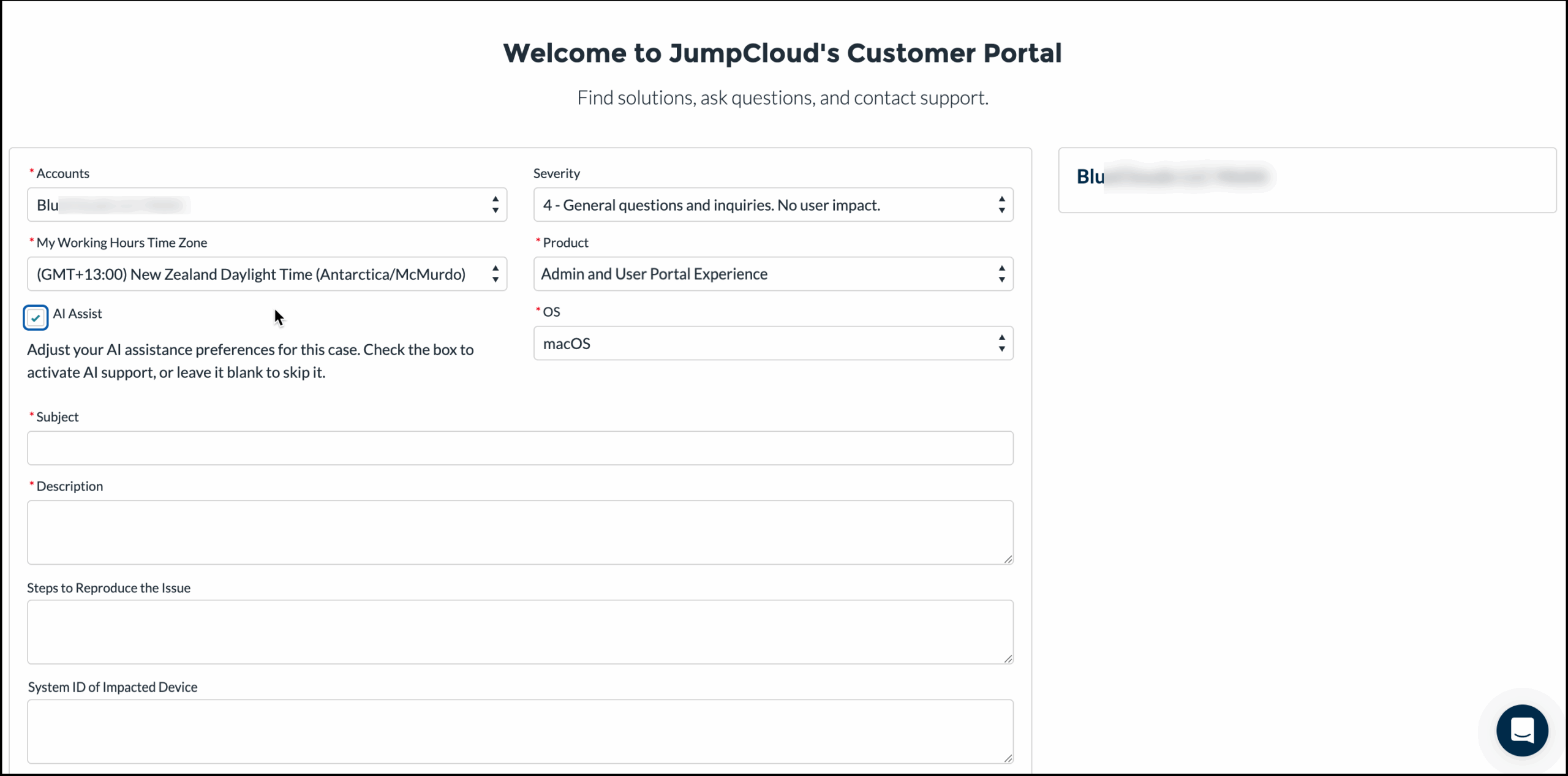 Support case form in the Customer Portal with the "AI Assist" checkbox selected.