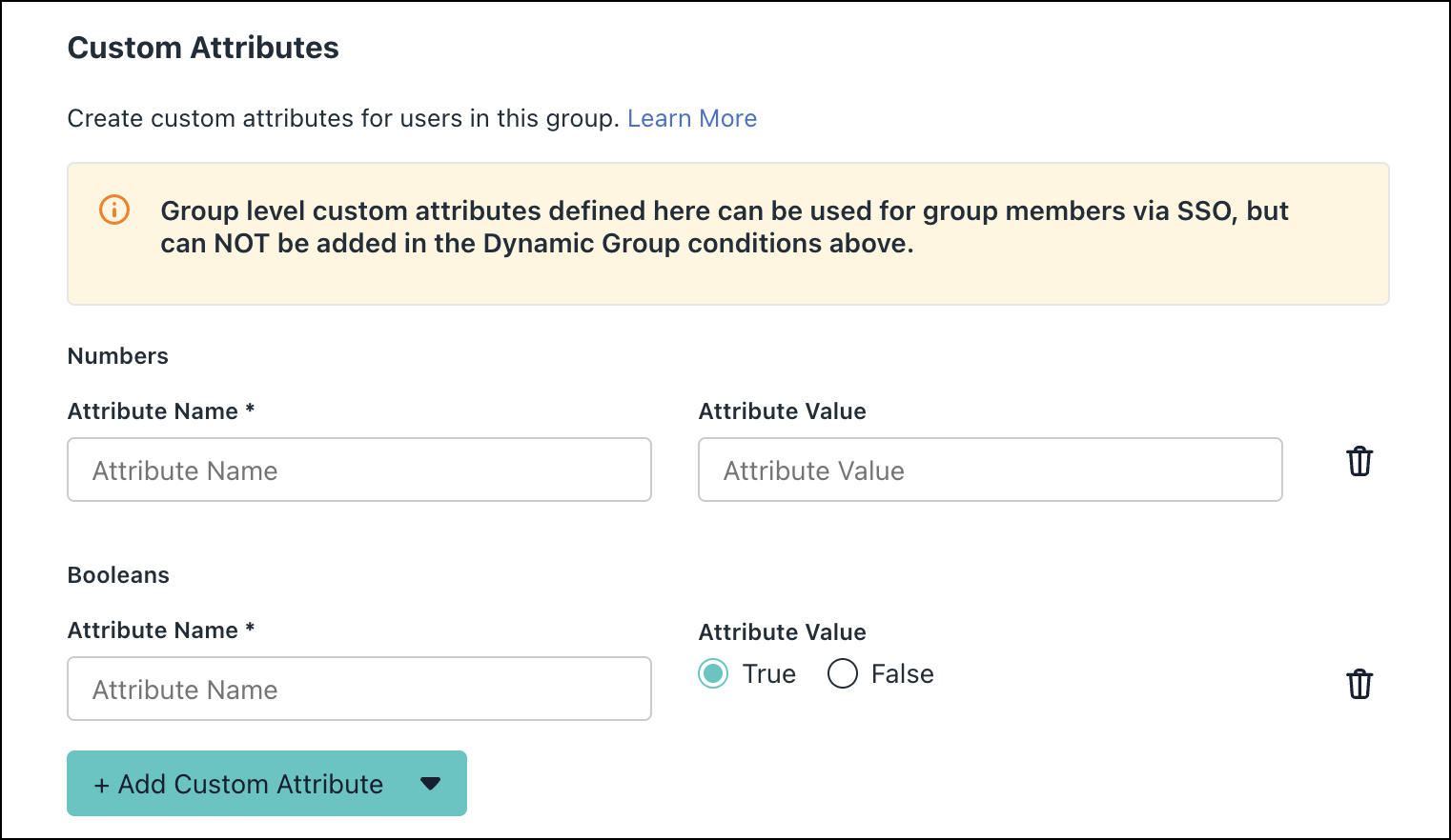 A screenshot showing custom attributes page for user groups in JumpCloud Admin Portal.