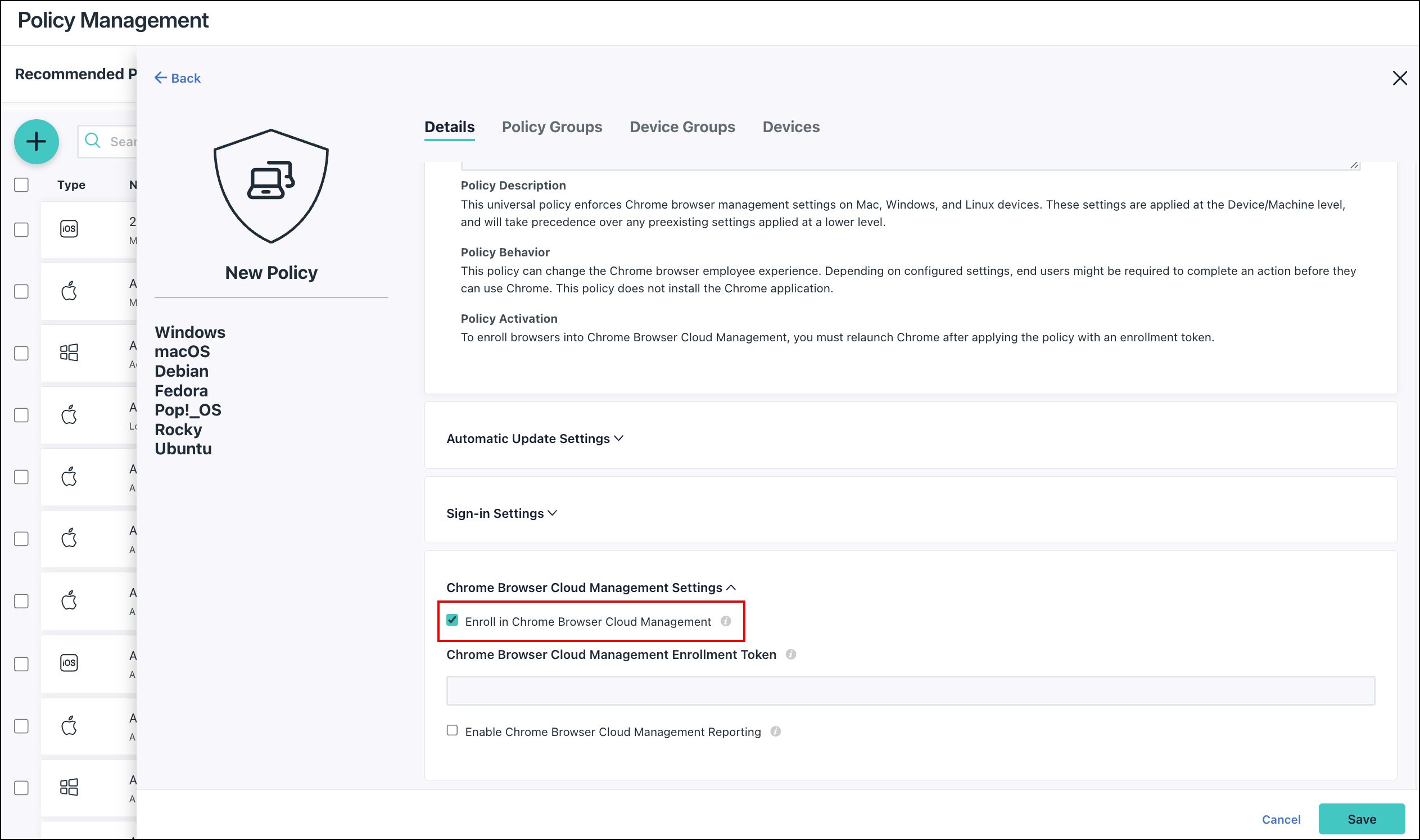 JumpCloud Policy Management screen showing the Chrome Browser Cloud Management settings with the enrollment checkbox selected.