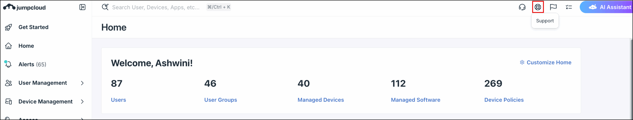 JumpCloud Admin Portal header highlighting the Support icon.