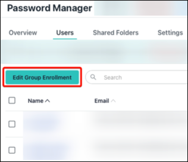 Close-up of the Password Manager interface highlighting the "Edit Group Enrollment" button in a red box.