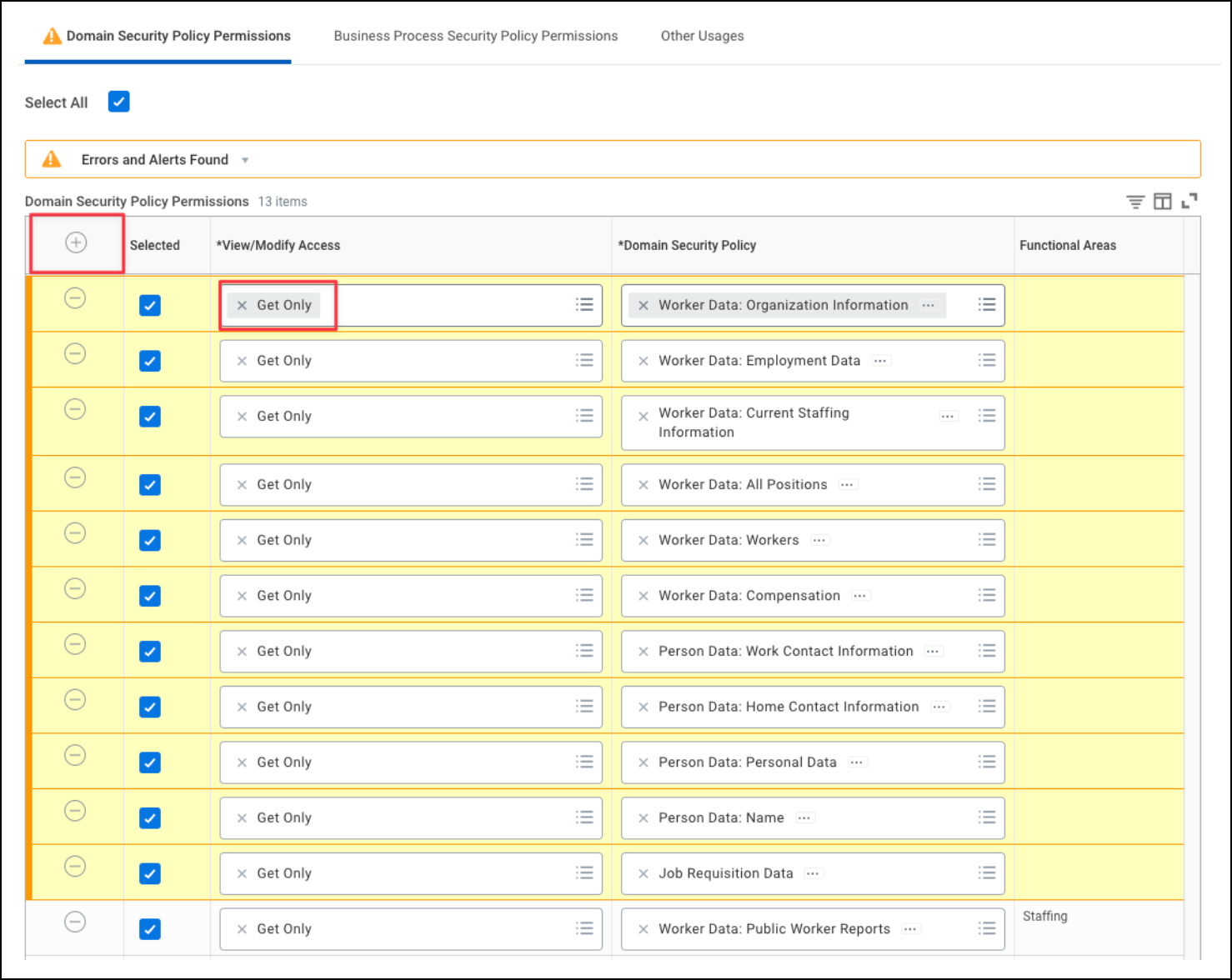 Workday interface for managing Domain Security Policy Permissions with "Get Only" access selected for various data domains.