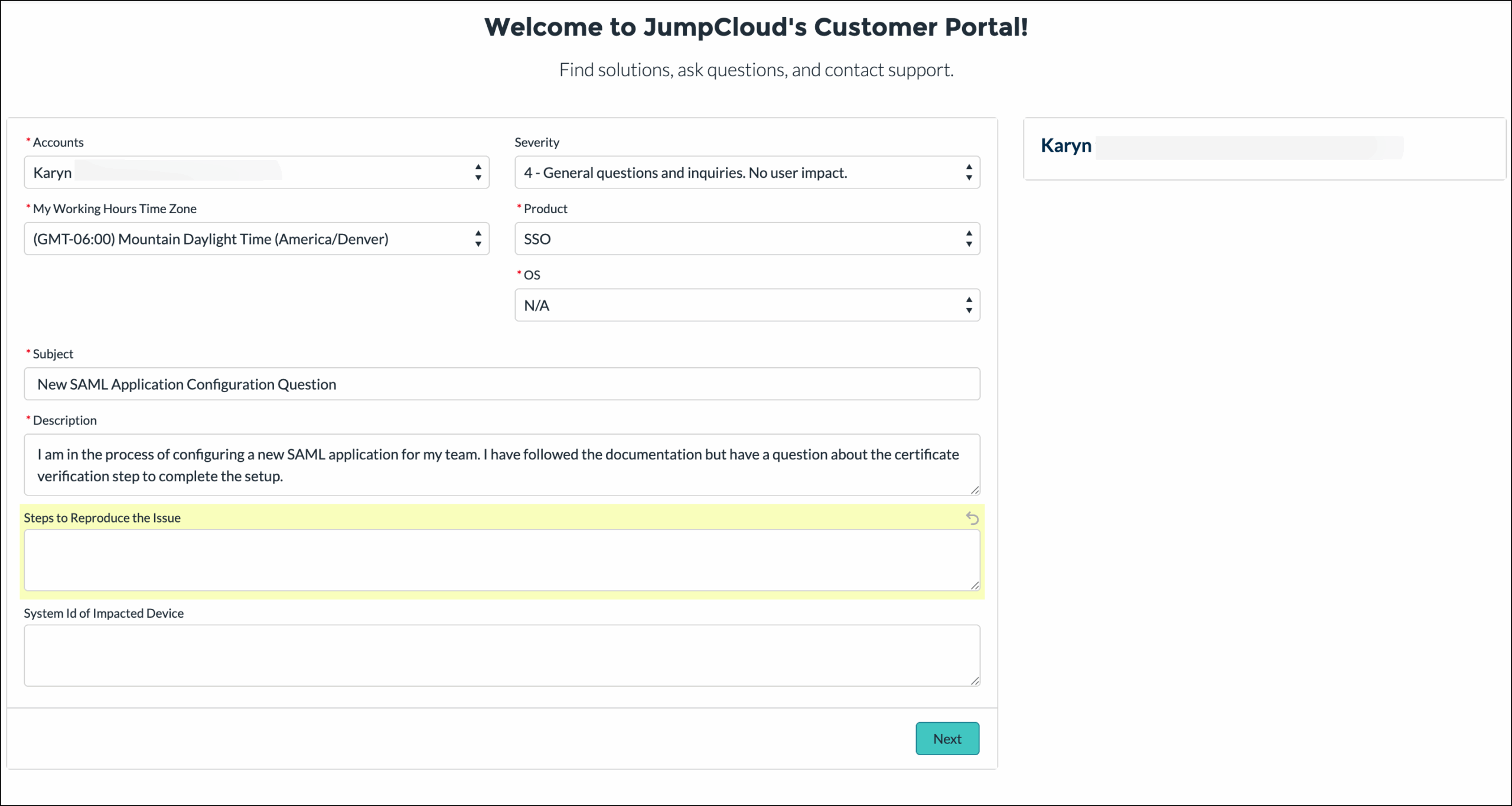 Create a Support Case page