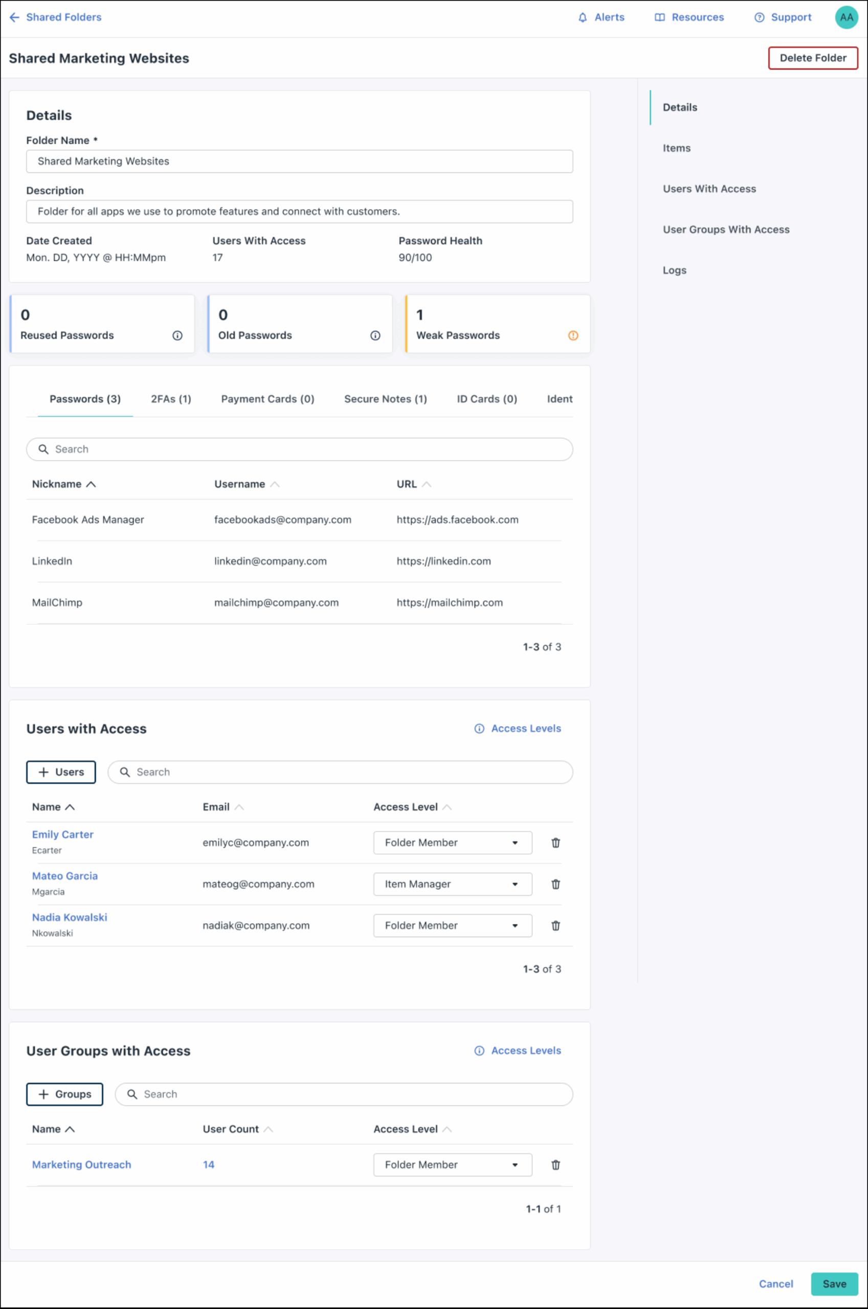 Detailed view of the "Shared Marketing Websites" folder showing item lists, authorized users, and their specific access levels.