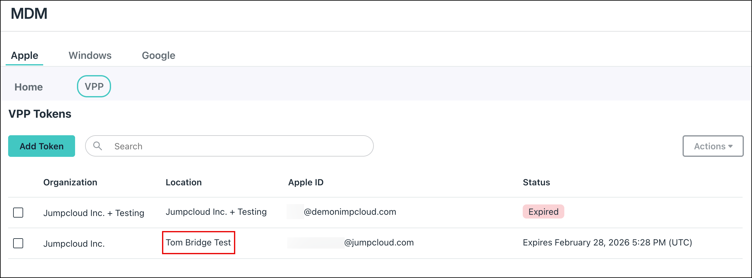 JumpCloud MDM VPP Tokens list with expired and valid tokens