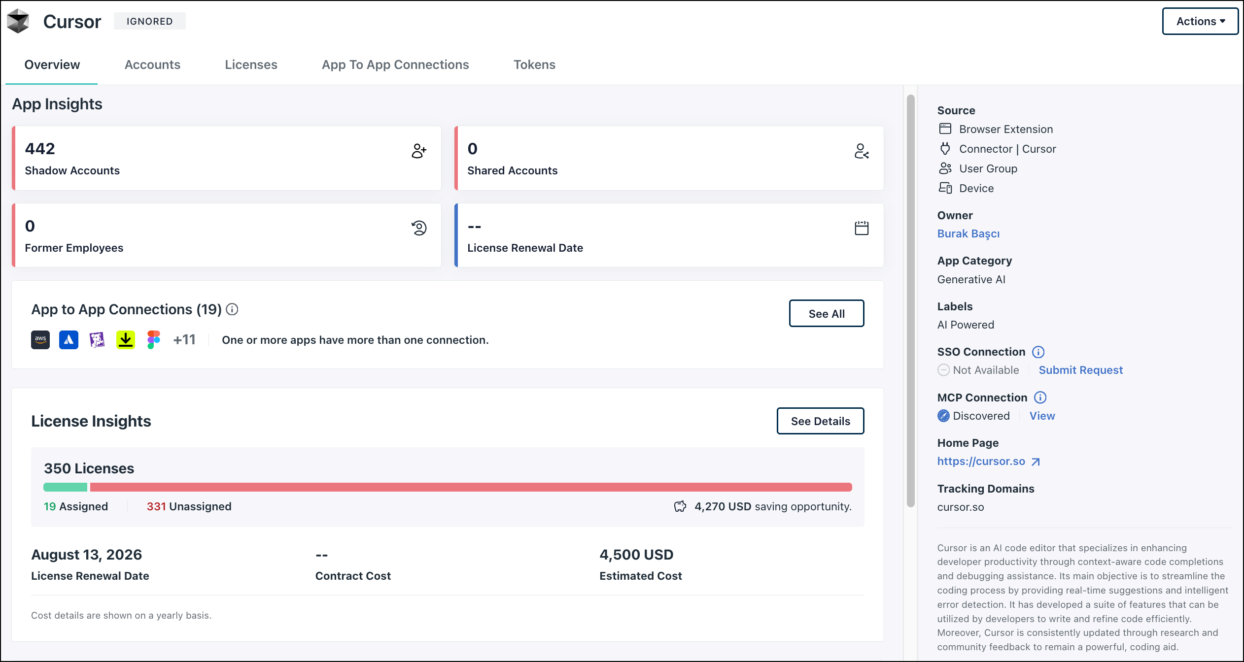 Cursor application Overview page in JumpCloud AI &amp; SaaS Management showing MCP Connection set to Discovered with a View link.