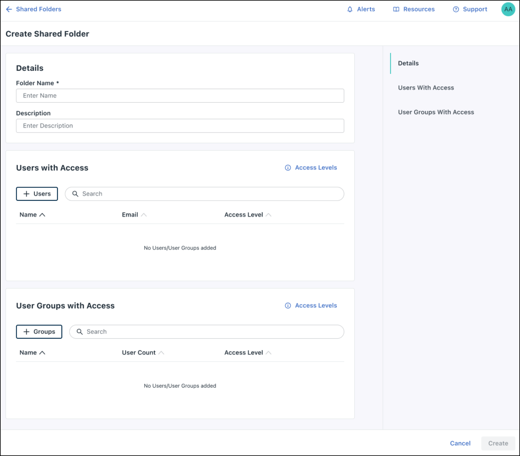 Interface for creating a new Shared Folder in JumpCloud, with fields for Folder Name, Description, and lists for Users and User Groups with access.