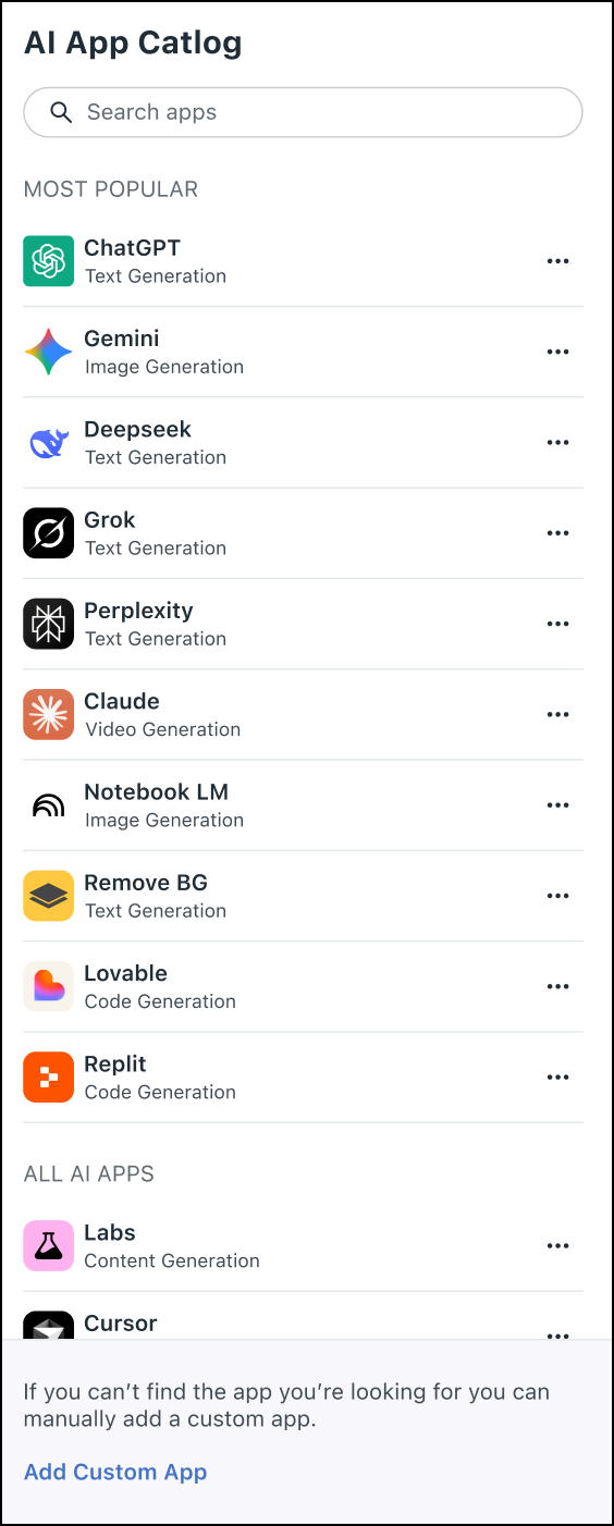 JumpCloud AI &amp; SaaS Management AI App Catalog listing popular generative AI applications like ChatGPT, Gemini, Grok, and Claude, categorized by function (Text Generation, Image Generation, etc.).