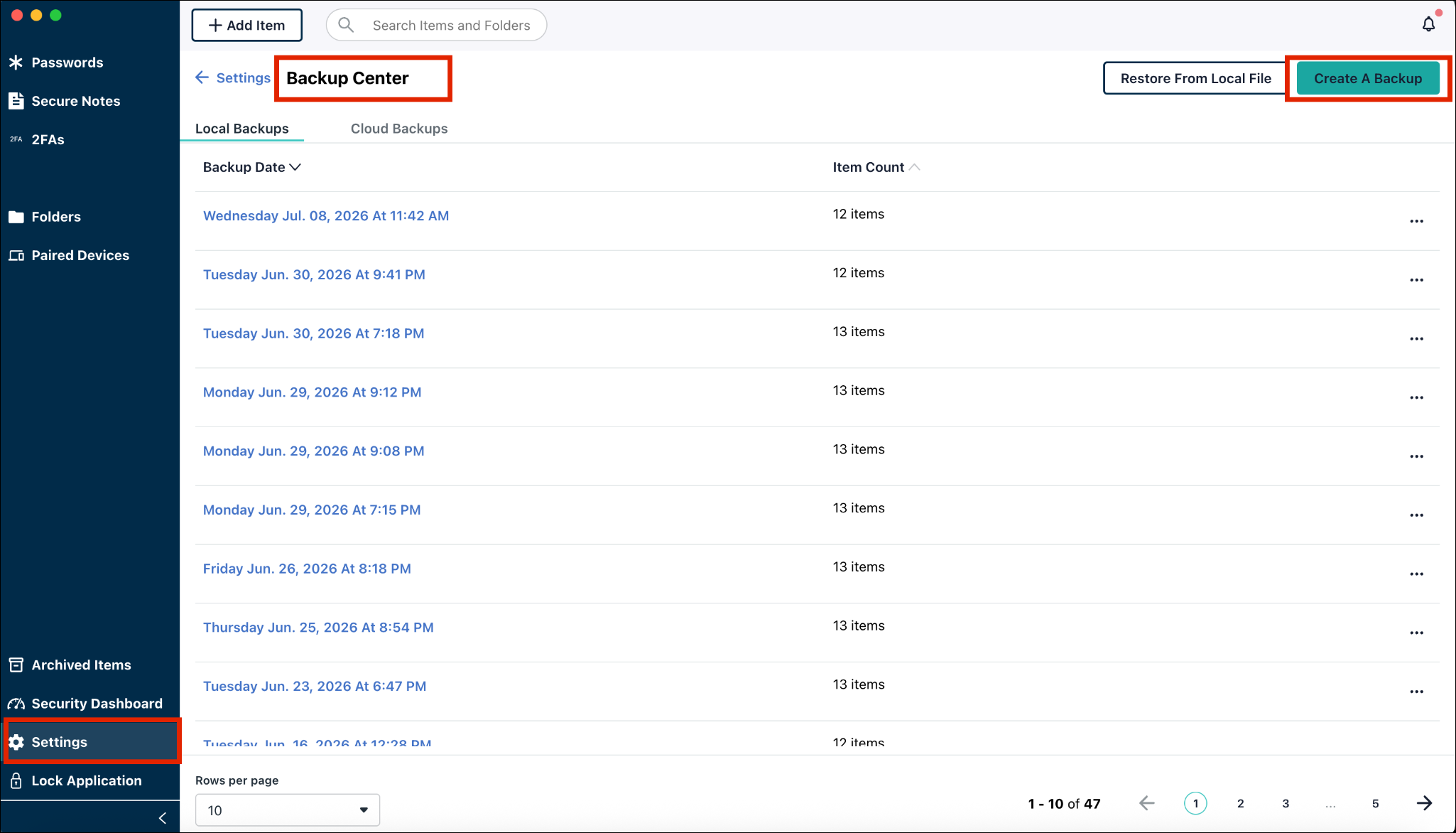 A screenshot showing the backups page in JumpCloud Legacy Password Manager.