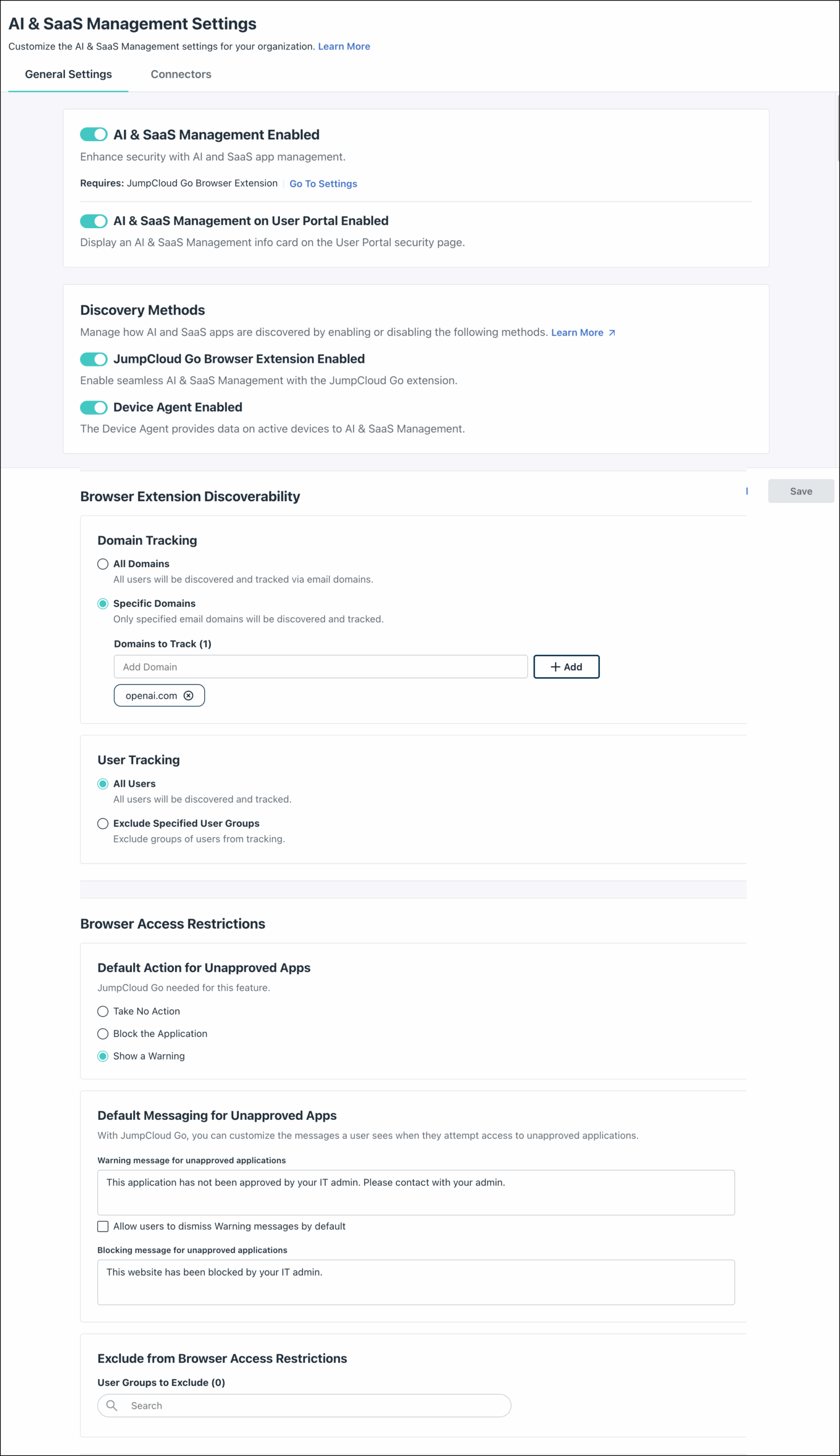JumpCloud AI &amp; SaaS Management Settings page showing discovery and access restriction options