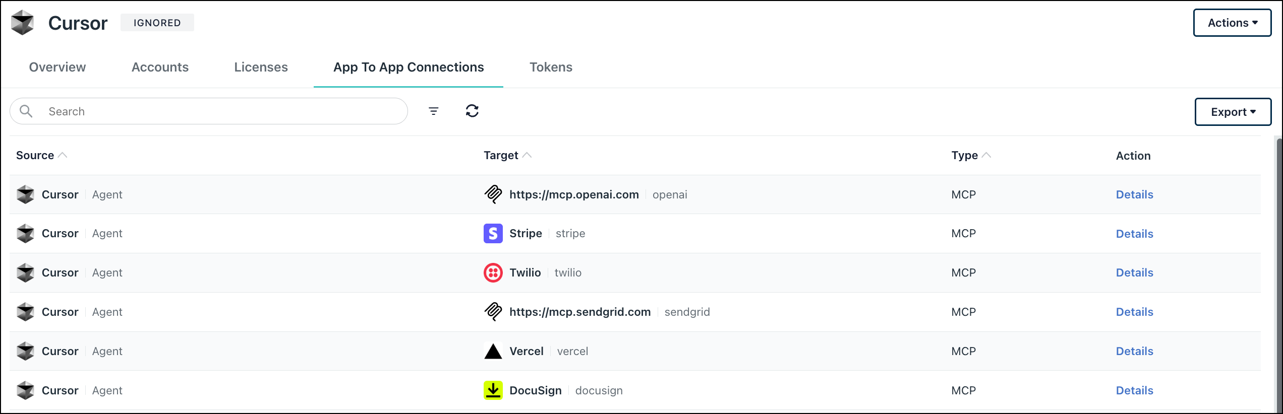 Cursor App To App Connections tab in JumpCloud AI &amp; SaaS Management listing MCP connections with a Details link in the Action column.