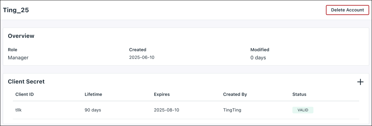 A screenshot showing service account details