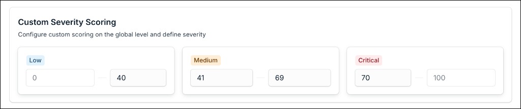 The image displays the Custom Severity Scoring section with Low, Medium, and Critical score ranges