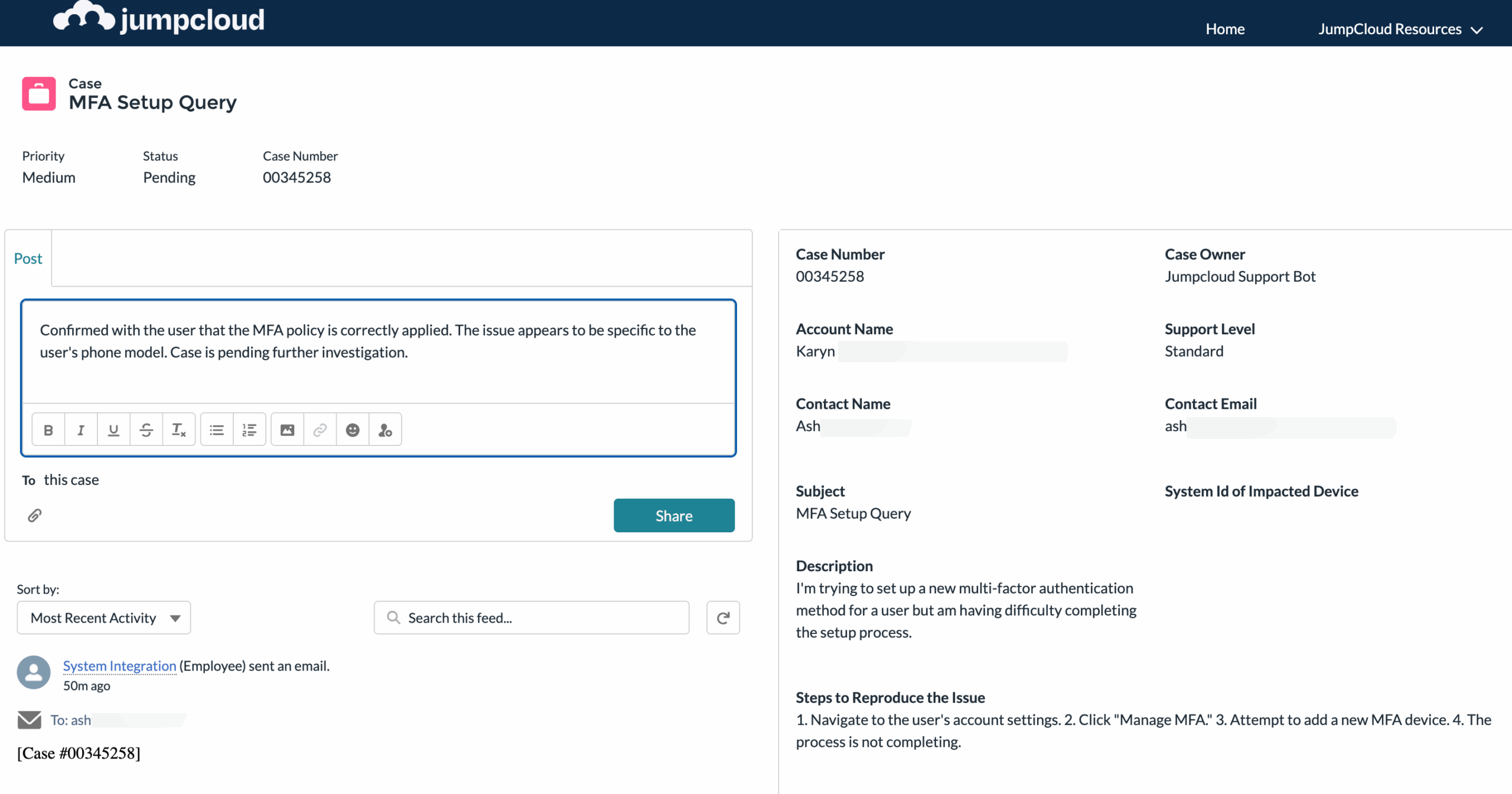 The field to share an update for a JumpCloud Customer Portal ticket