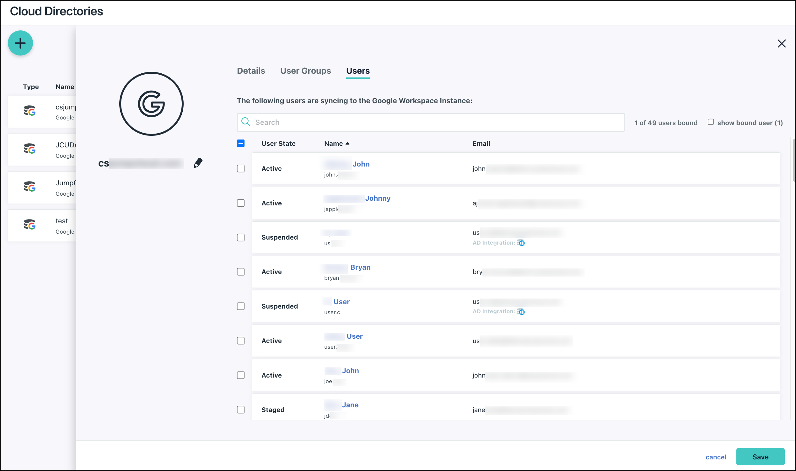 JumpCloud Cloud Directories interface showing a list of users syncing to a Google Workspace instance.
