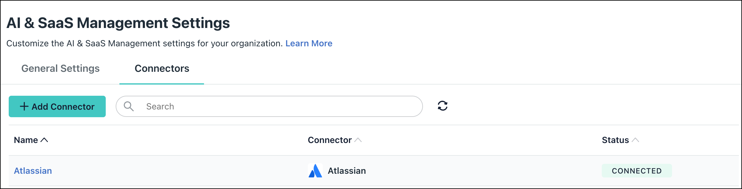 JumpCloud AI &amp; SaaS Management Settings Connectors tab, showing the list of active SaaS connectors, with Atlassian displayed in a CONNECTED status.