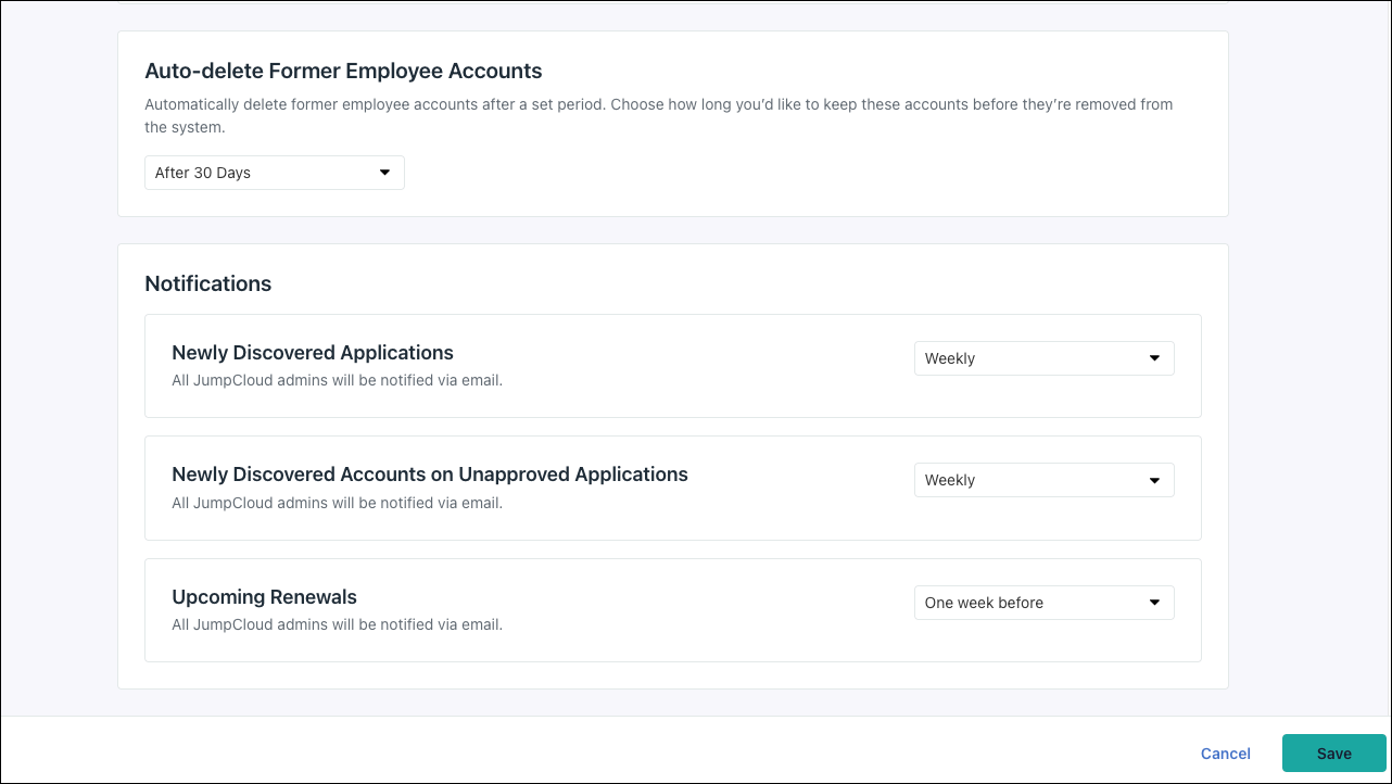 Auto-delete former employee accounts and notifications in SaaS Management Settings.